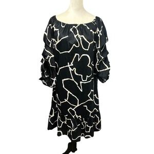 Who What Wear Off Shoulder Ruffle Dress S Black White Abstract Floral Romantic‎